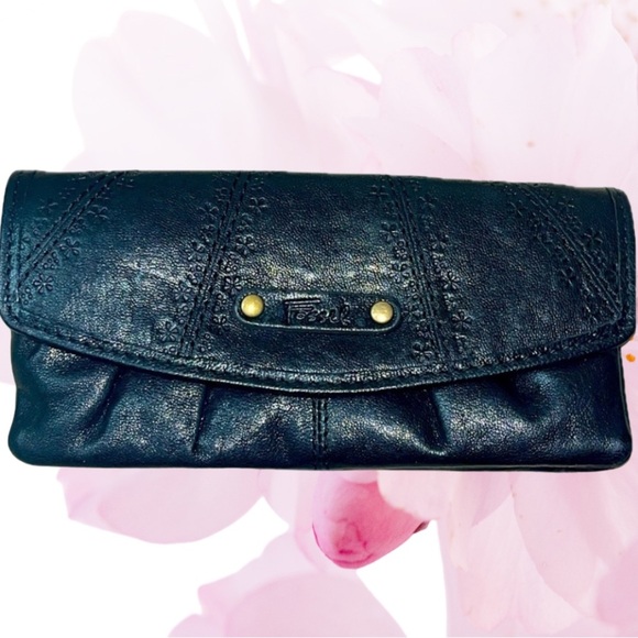 NWT Fossil Talita Flap Clutch Blk Leather Etched Embroidered Wallet Floral Liner - Picture 13 of 13